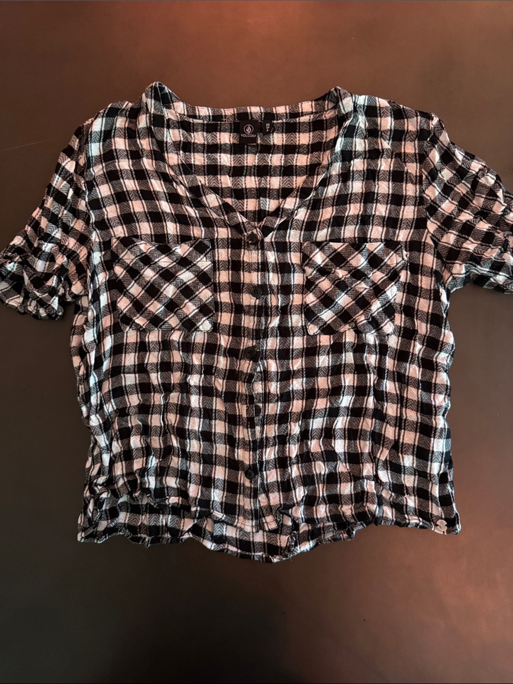 Volcom Black and White Plaid Button-Down Top